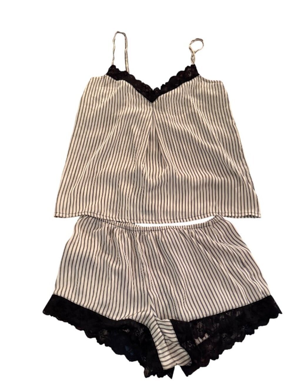 H Halston Womens Camisole Pajama Set Size M White Black Stripe Satin Lounge